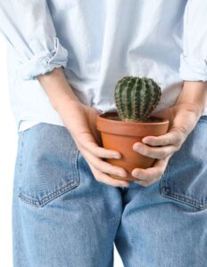 A person standing with cactus behind him symbolizing his pain of piles