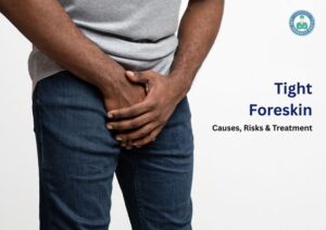 A man facing problem and holding his genital area because of his tight foreskin pain